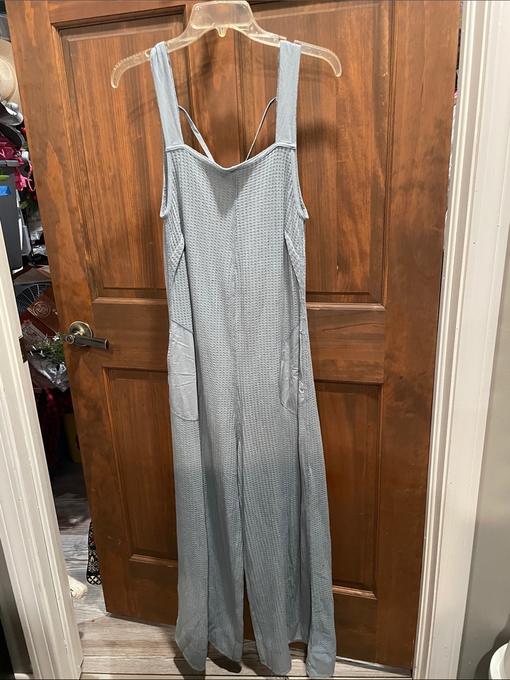 Zenana Outfitters Light Blue Waffle Knit Wide-Leg Jumpsuit NWOT